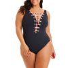 Clothing Bleu Rod Beattie | Party Animal Plunge Lace Down One Piece Swimsuit Plus Black