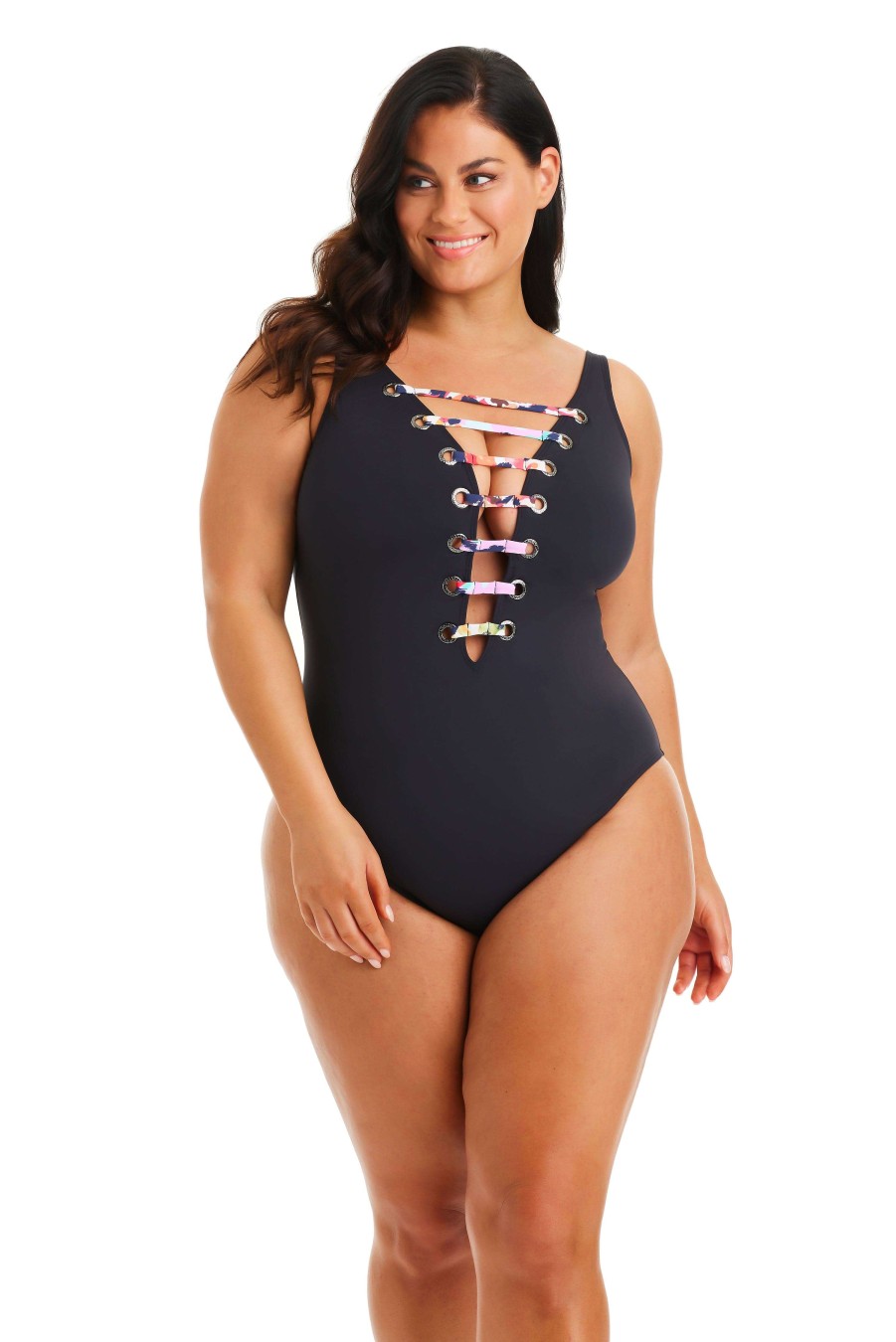 Clothing Bleu Rod Beattie | Party Animal Plunge Lace Down One Piece Swimsuit Plus Black