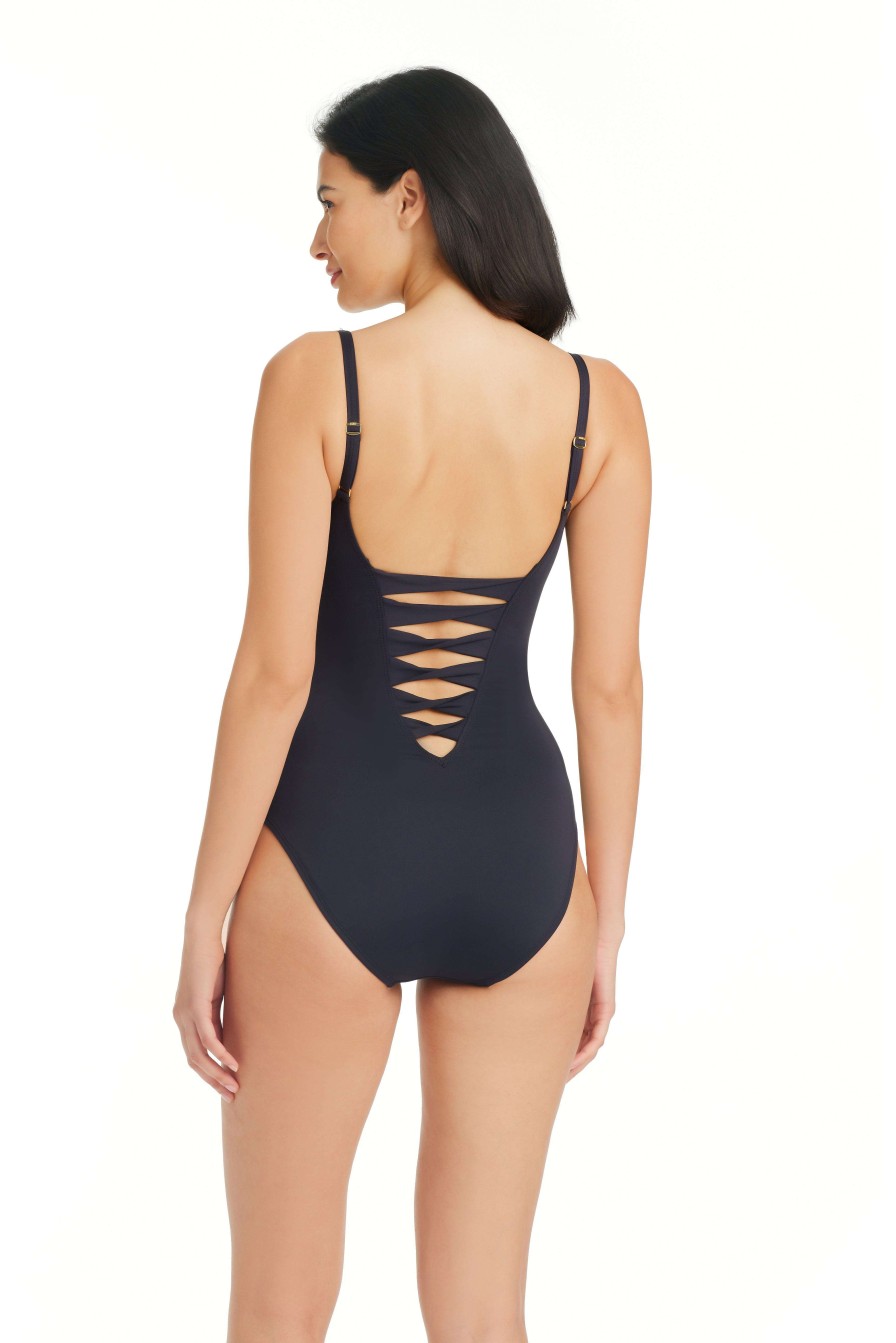 Clothing Bleu Rod Beattie | Graphic Measures One Piece Lace Down Ring Front Swimsuit Black