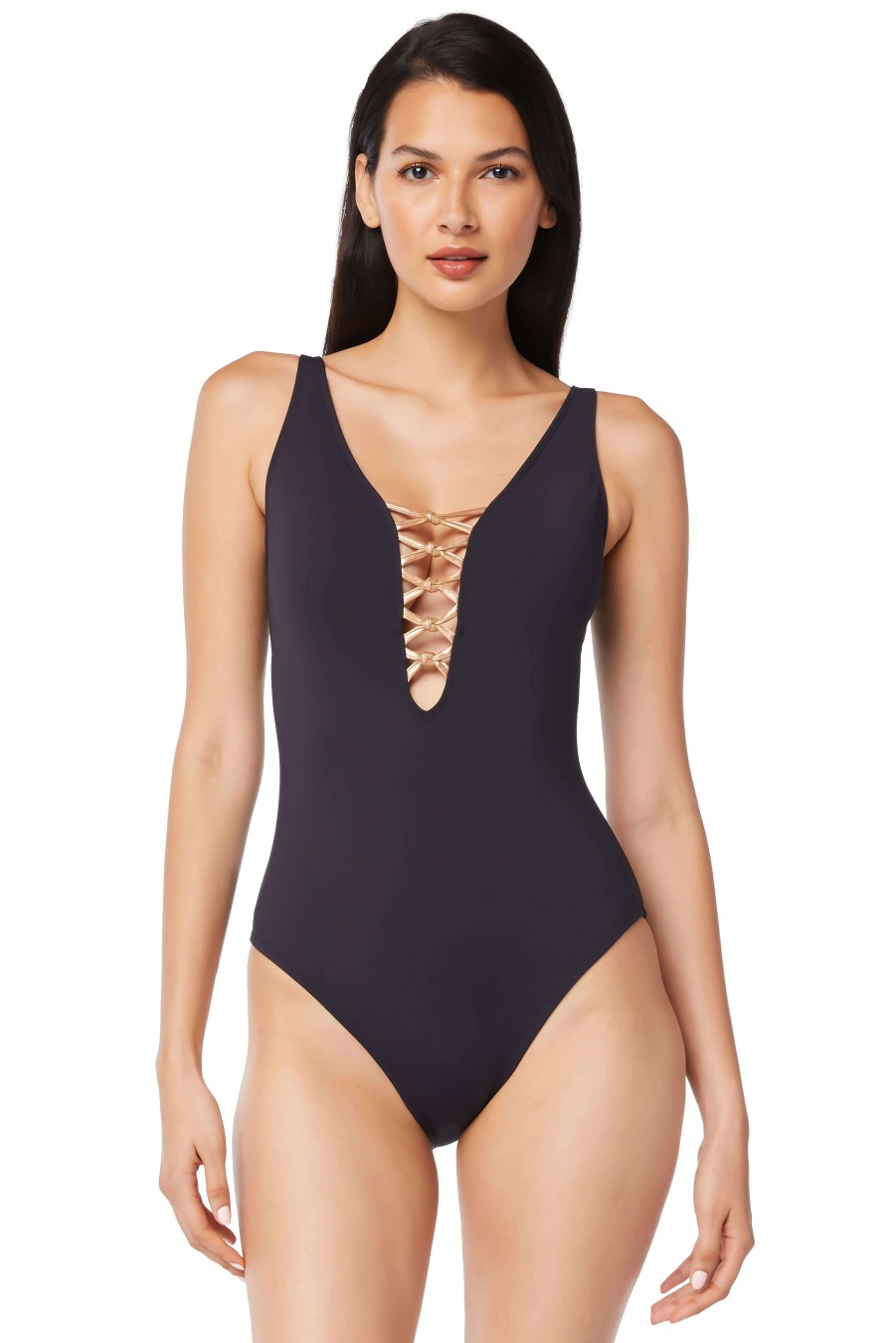 Clothing Bleu Rod Beattie | Let'S Get Knotty Lace Down One-Piece Swimsuit Black/Rose Gold