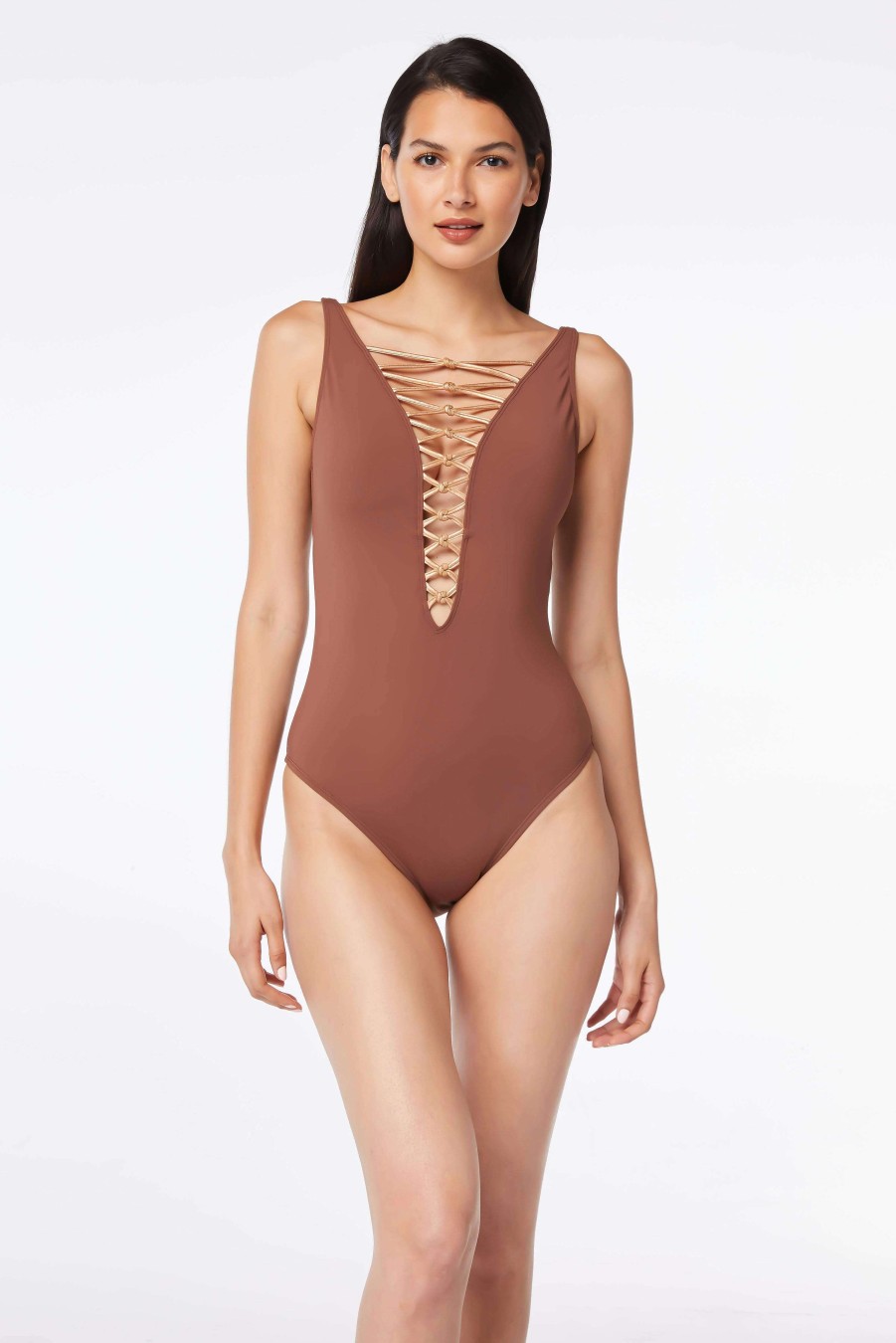 Clothing Bleu Rod Beattie | Kore One Piece High Neck Lace Down Swimsuit Chocolate Truffle