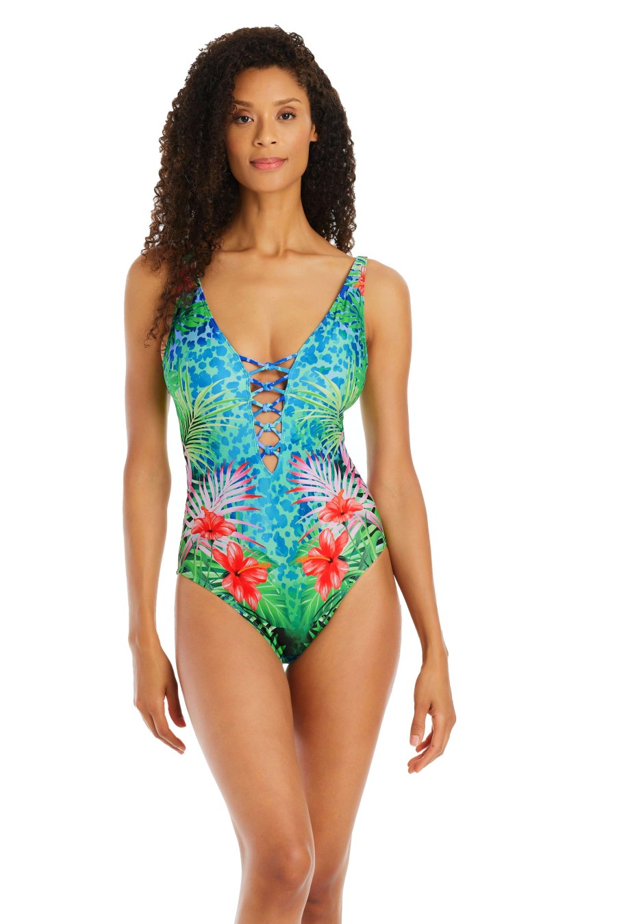 Clothing Bleu Rod Beattie | Tropical Flight High Neck Lace Down One Piece Swimsuit Tf Multi