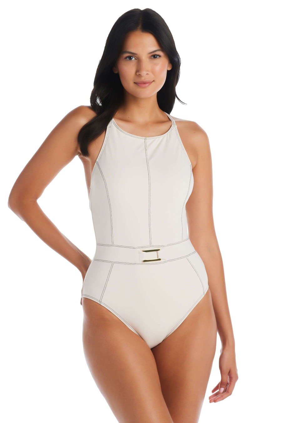 Clothing Bleu Rod Beattie | A Fine Line High Neck One Piece Swimsuit - Size 12 Coconut Water