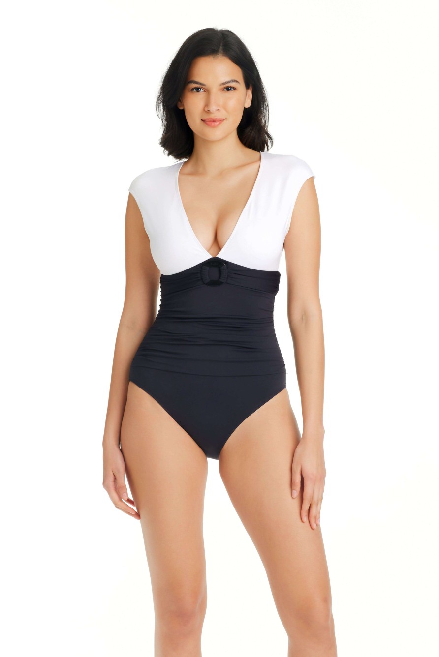 Clothing Bleu Rod Beattie | Graphic Measures One Piece Cap Sleeve Swimsuit White/Black