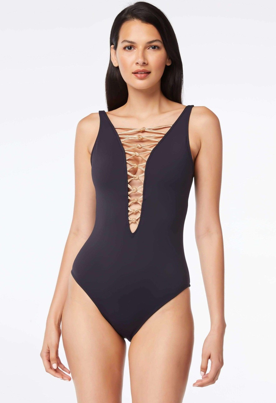 Clothing Bleu Rod Beattie | Let'S Get Knotty High Neck Lace Down One-Piece Swimsuit