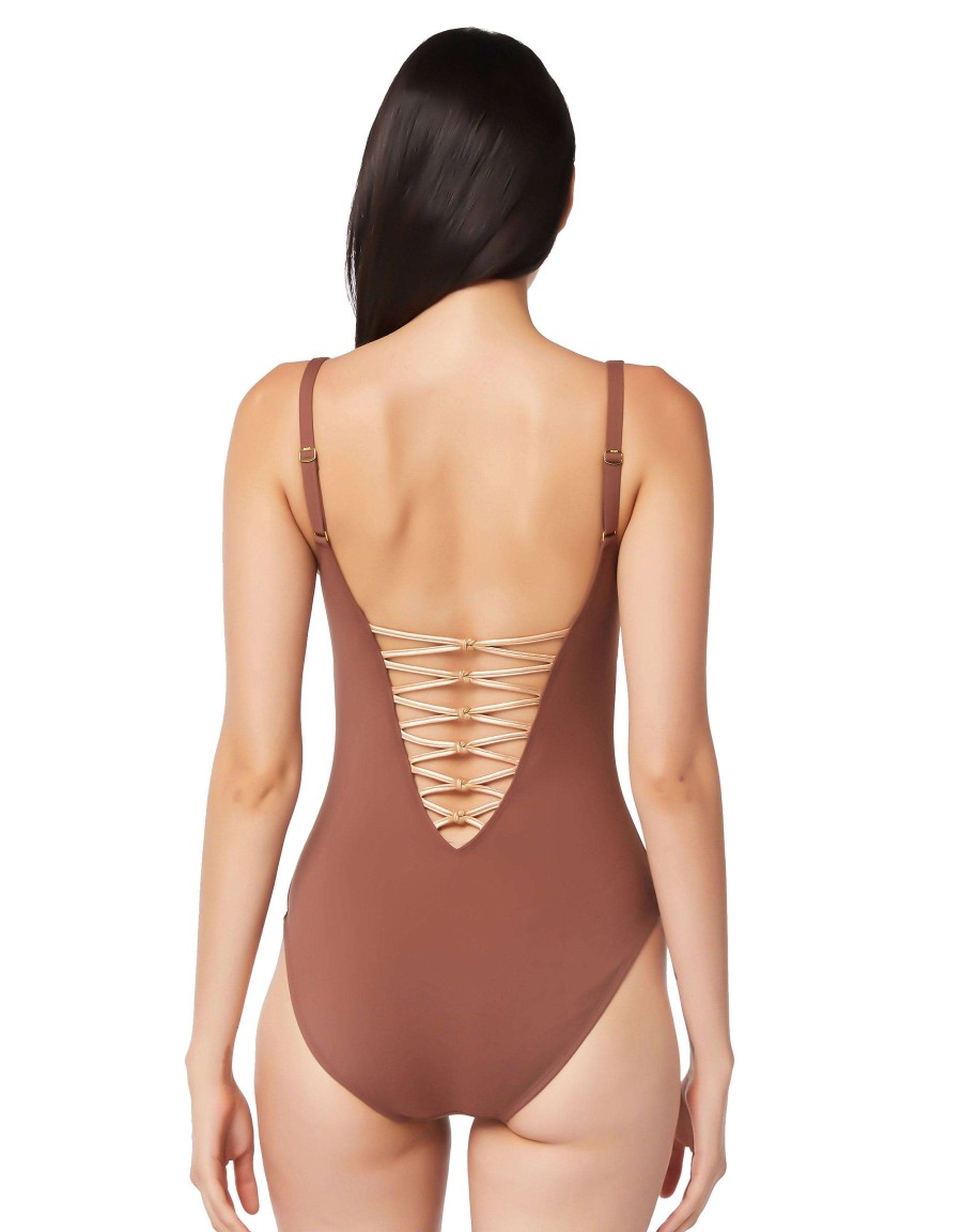 Clothing Bleu Rod Beattie | Kore One Piece High Neck Lace Down Swimsuit Chocolate Truffle